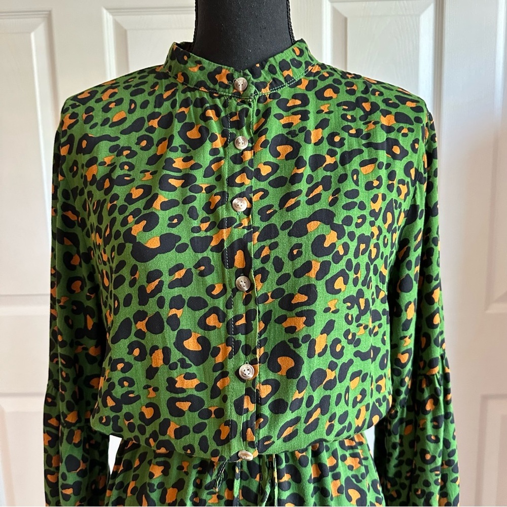 Kirundo Green Leopard Print Peasant Style Midi Dress - Picture 3 of 7